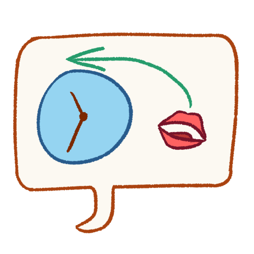 a drawing of a rectangular speech bubble, containing a light blue clock with an open mouth to the right of it. a green arrow points from the mouth to over the clock.